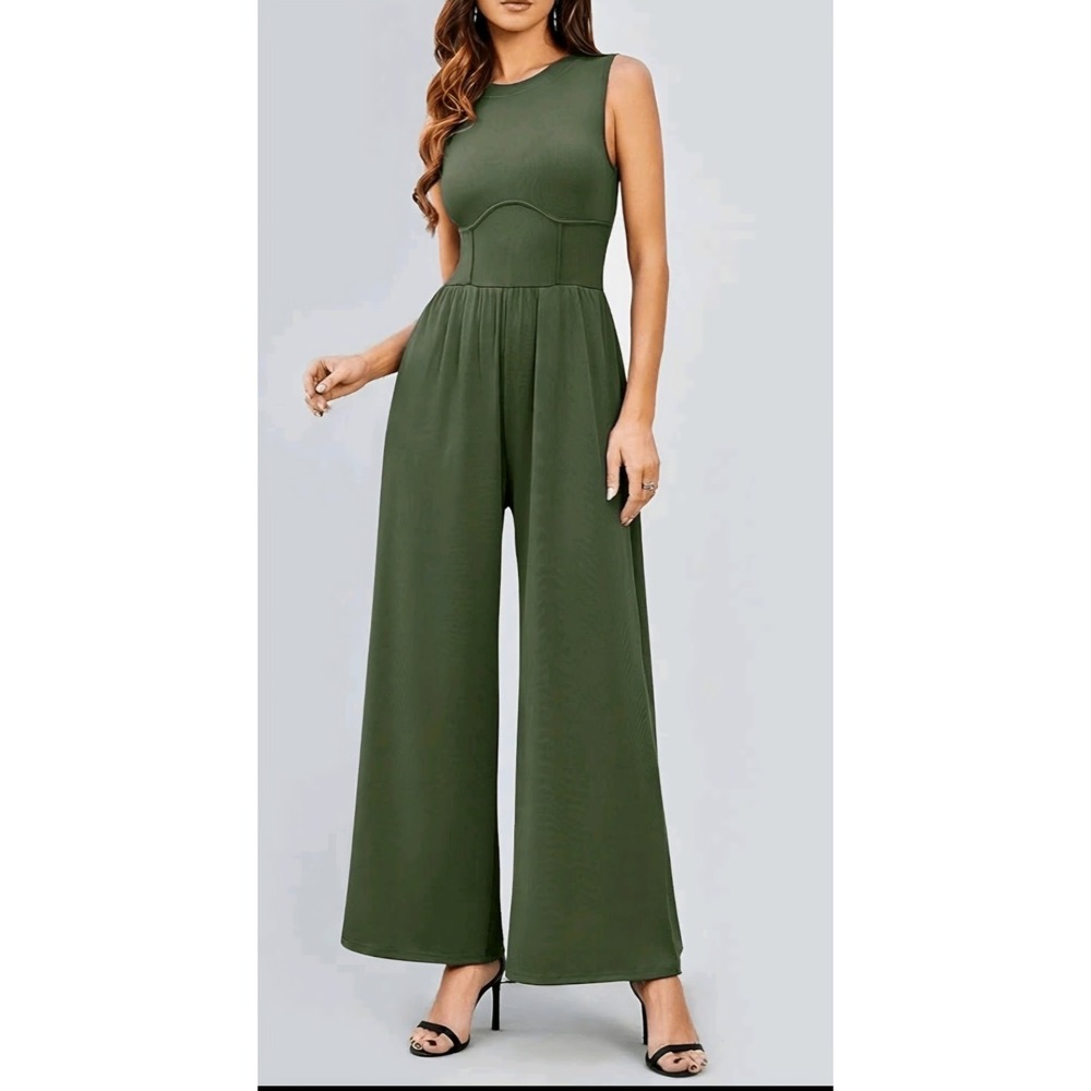 Cider Corset Waist Ribbed Wide Legā Sleeveless Jumpsuit Olive Green Large Women